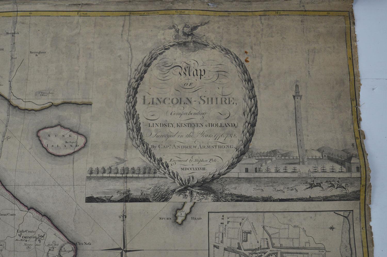 Anglais Grande carte ancienne du Lincolnshire, Angleterre, datée de 1778 en vente