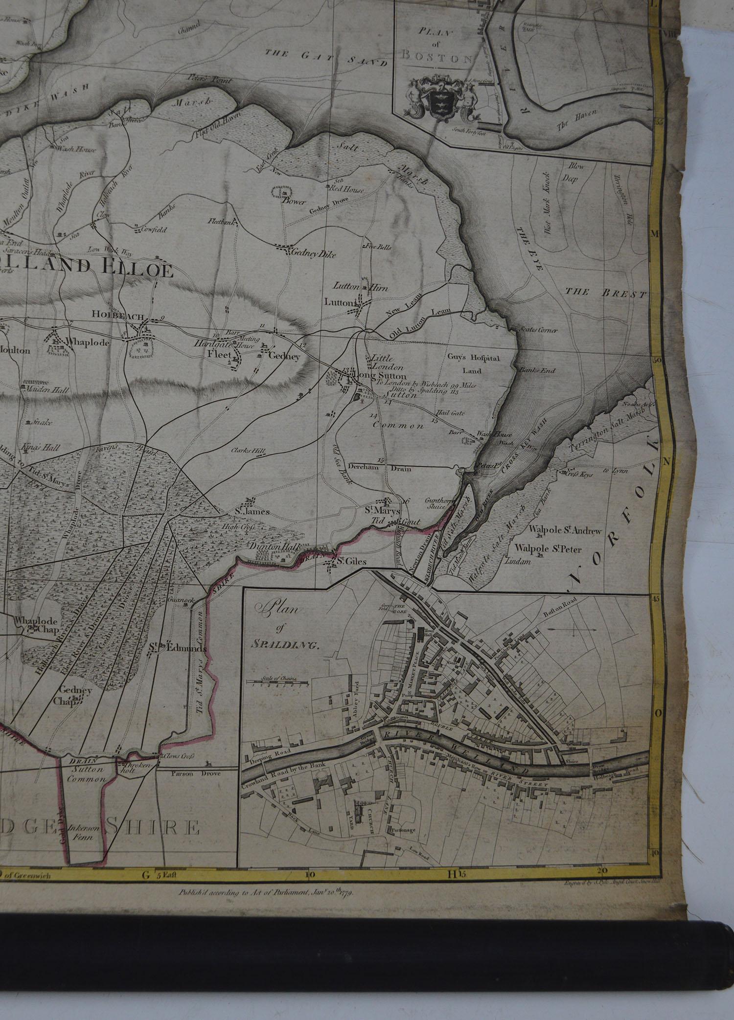 Turned Large Scale Antique Scroll Map of Lincolnshire, England, Dated 1778 For Sale