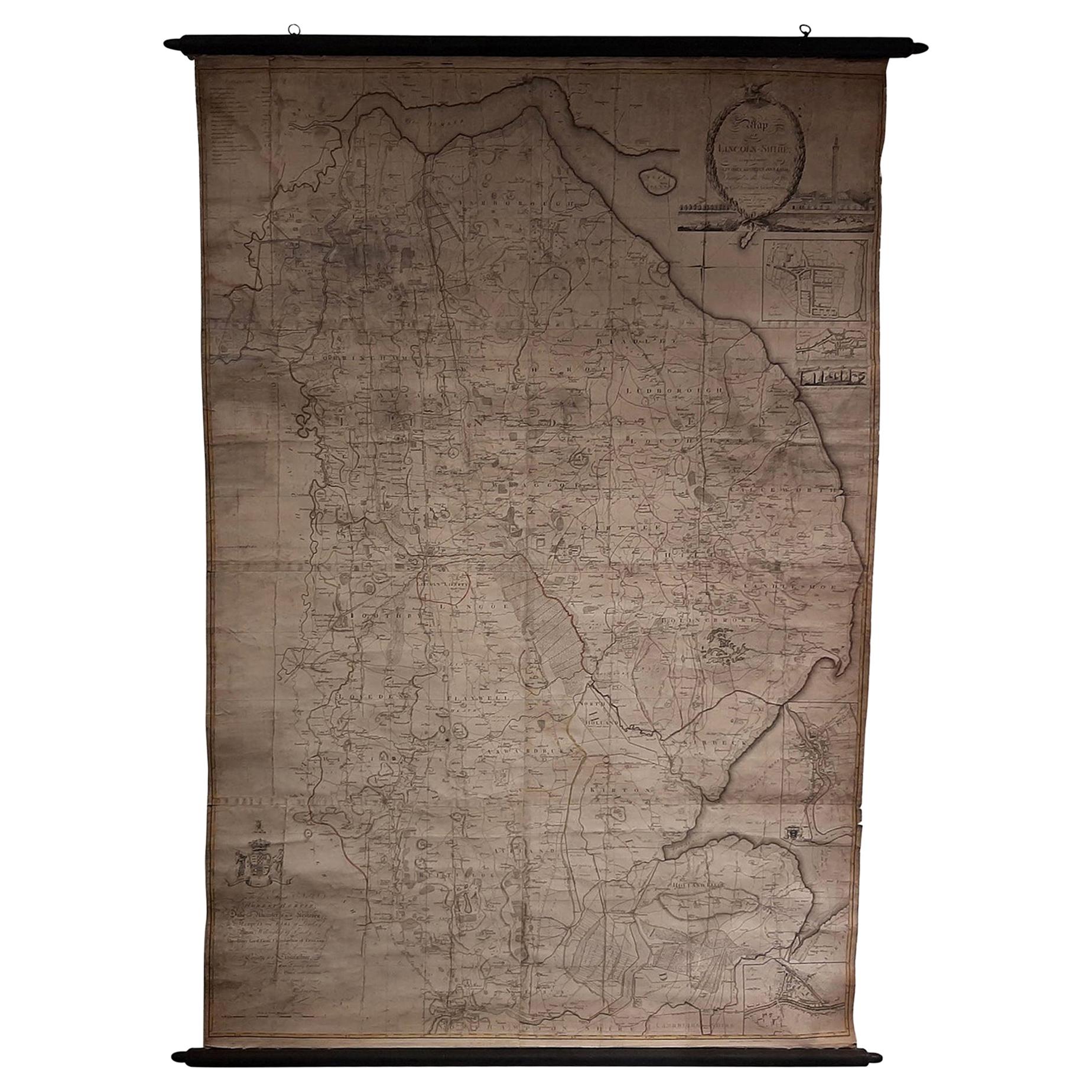 Large Scale Antique Scroll Map of Lincolnshire, England, Dated 1778