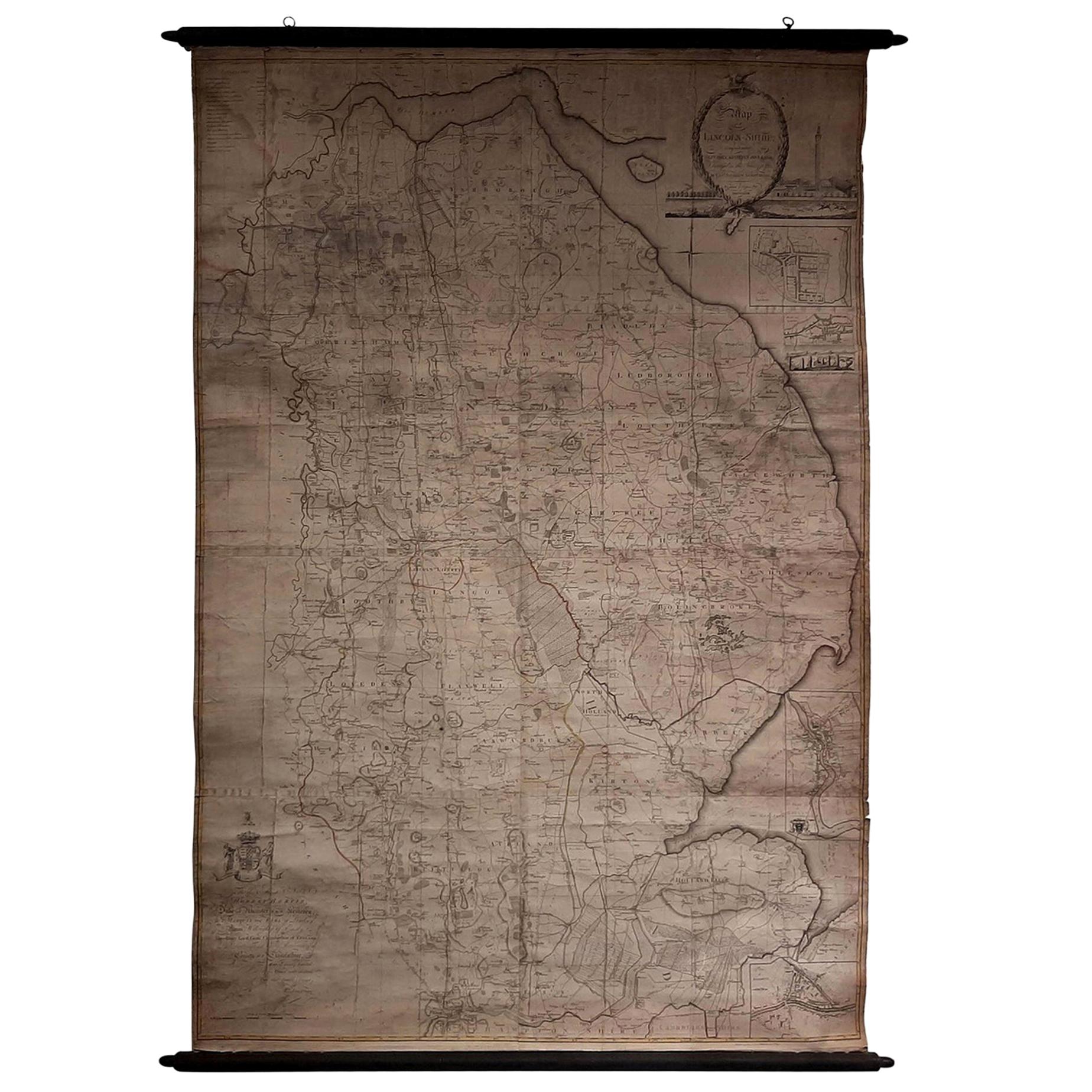 Large Scale Antique Scroll Map of Lincolnshire, England, Dated 1778