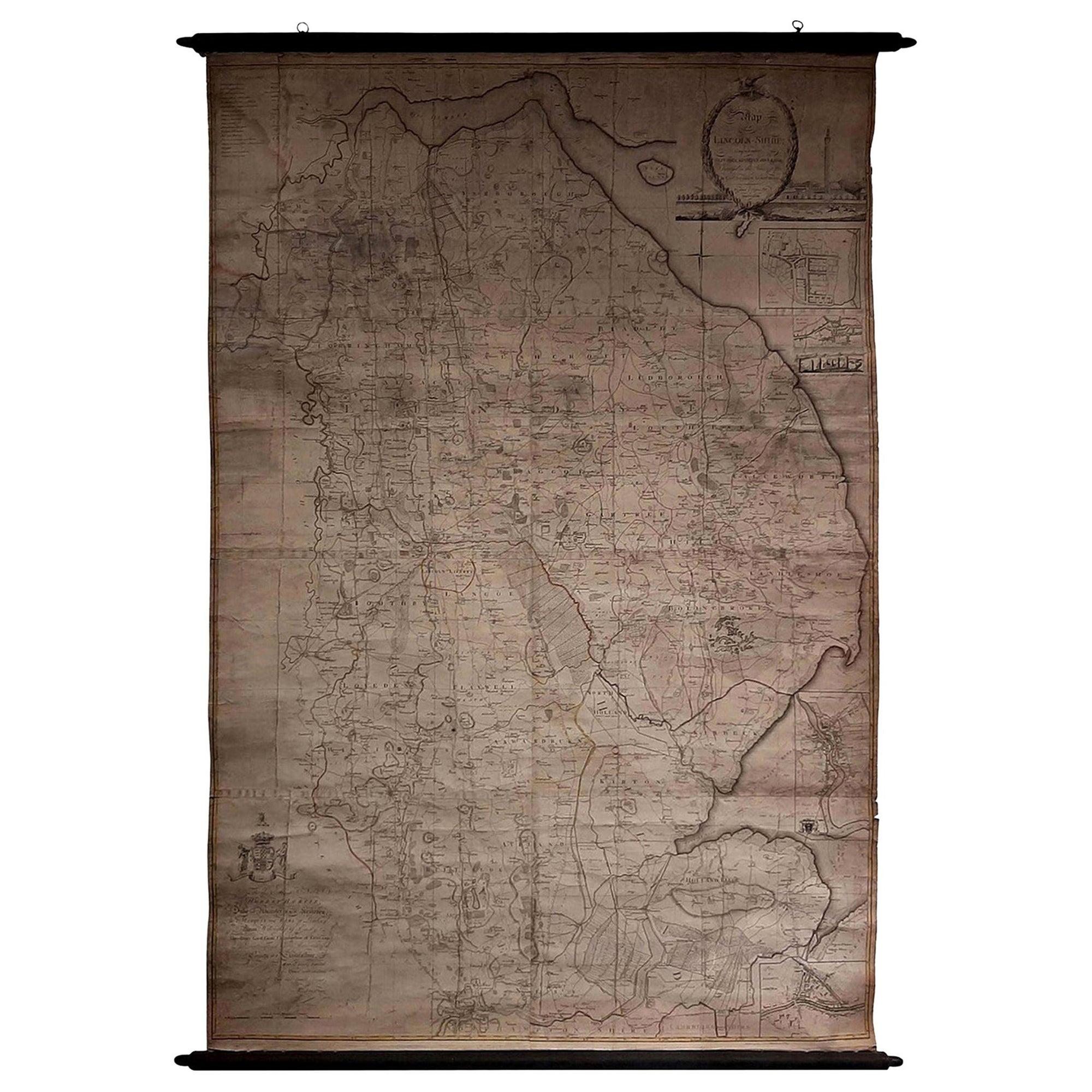 Large Scale Antique Scroll Map of Lincolnshire, England, Dated 1778 For Sale