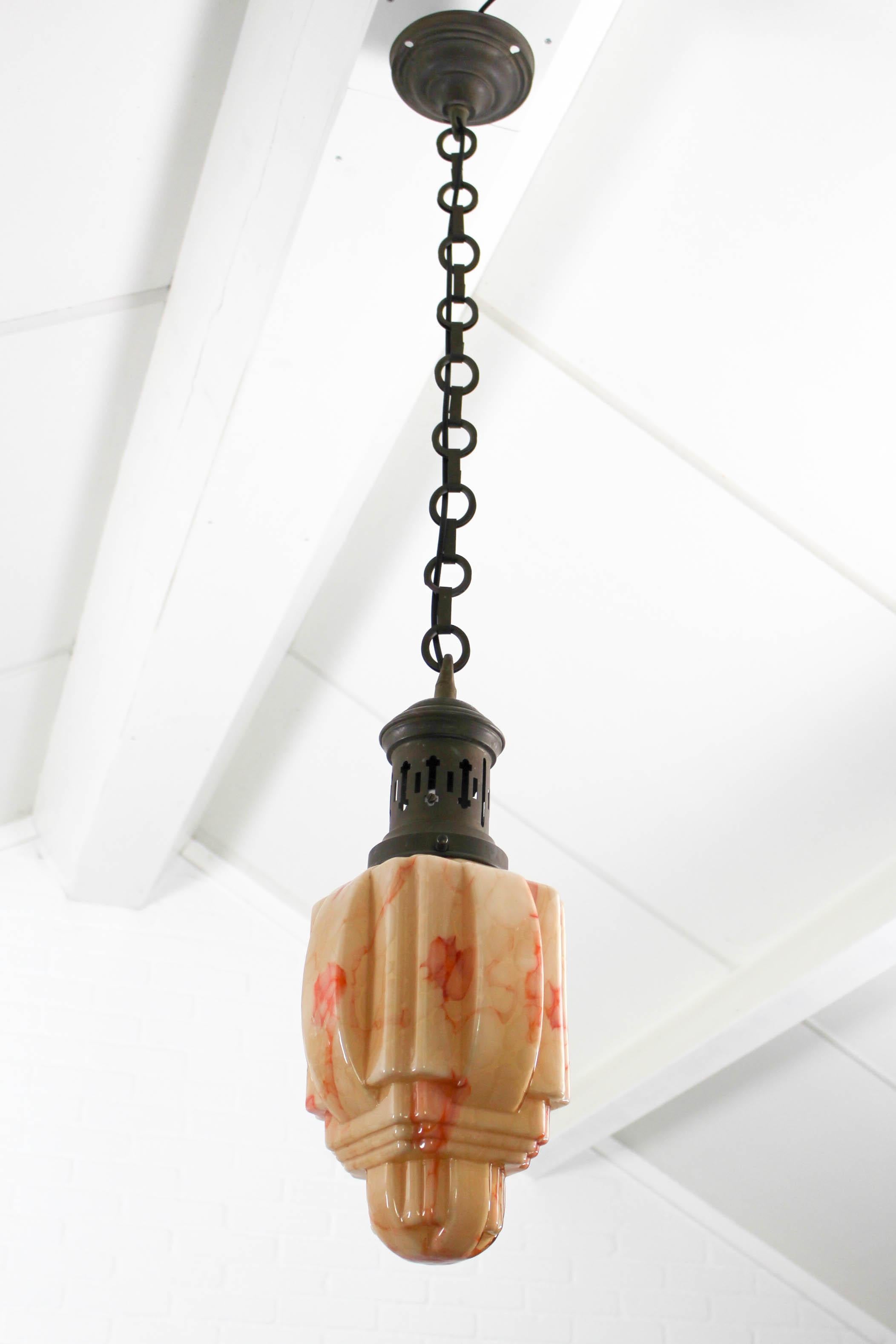 Unique and not often seen pendant ceiling light with screw fixing to hold a stylish Art Deco lampshade of substantial size. This fixture give illumination full of warmth and love. A perfect example of Art Nouveau decorative arts, an original piece,