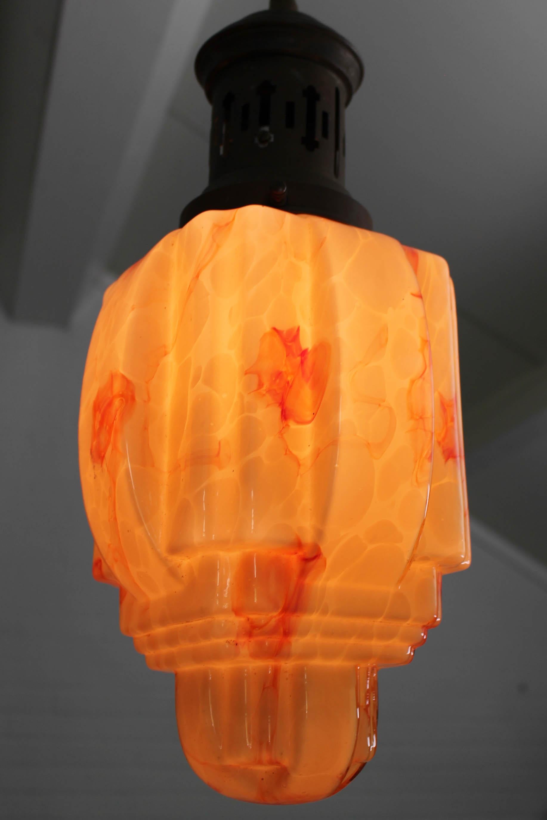 Large Scale Art Deco Marbled Glass Skyscraper Pendant Lamp, 1930s In Good Condition In Appeltern, Gelderland
