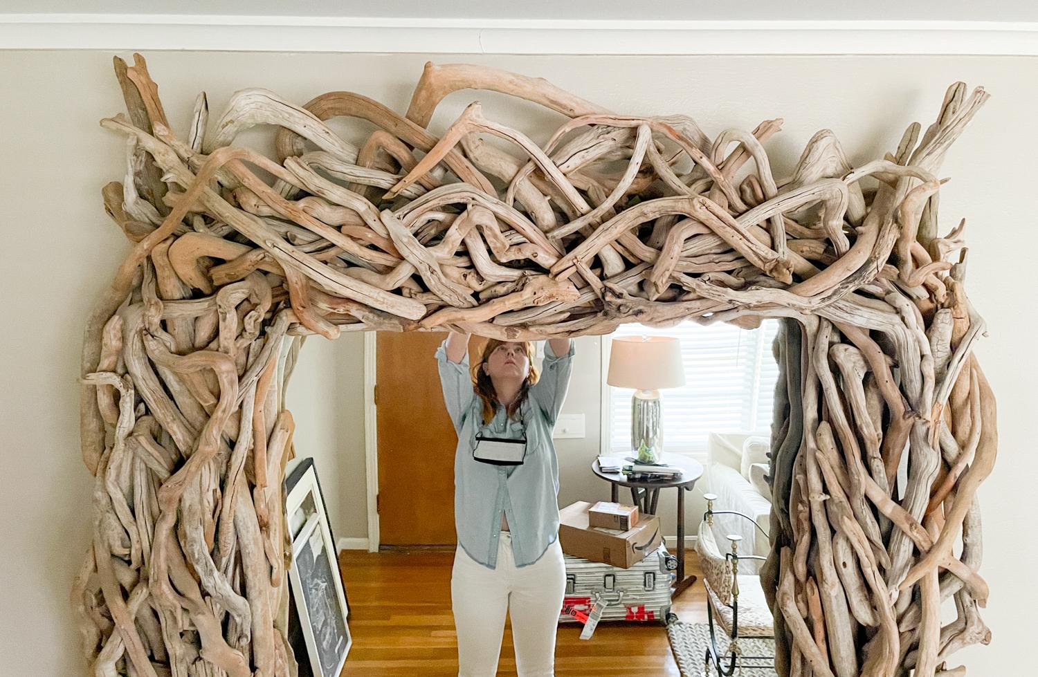 Specchio artigianale in legno driftwood di grandi dimensioni 5