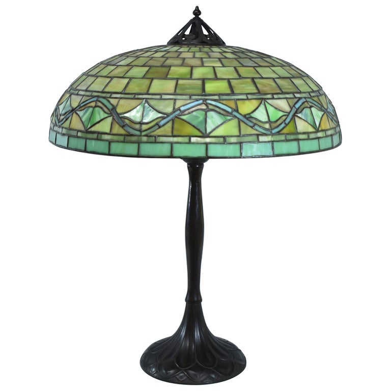Large Scale Arts and Crafts Handel Leaded Glass Lamp with Shade at 1stDibs