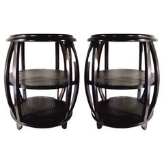 Large Scale Asian Ebonized Pencil Bamboo Side Tables / Stools, Pair