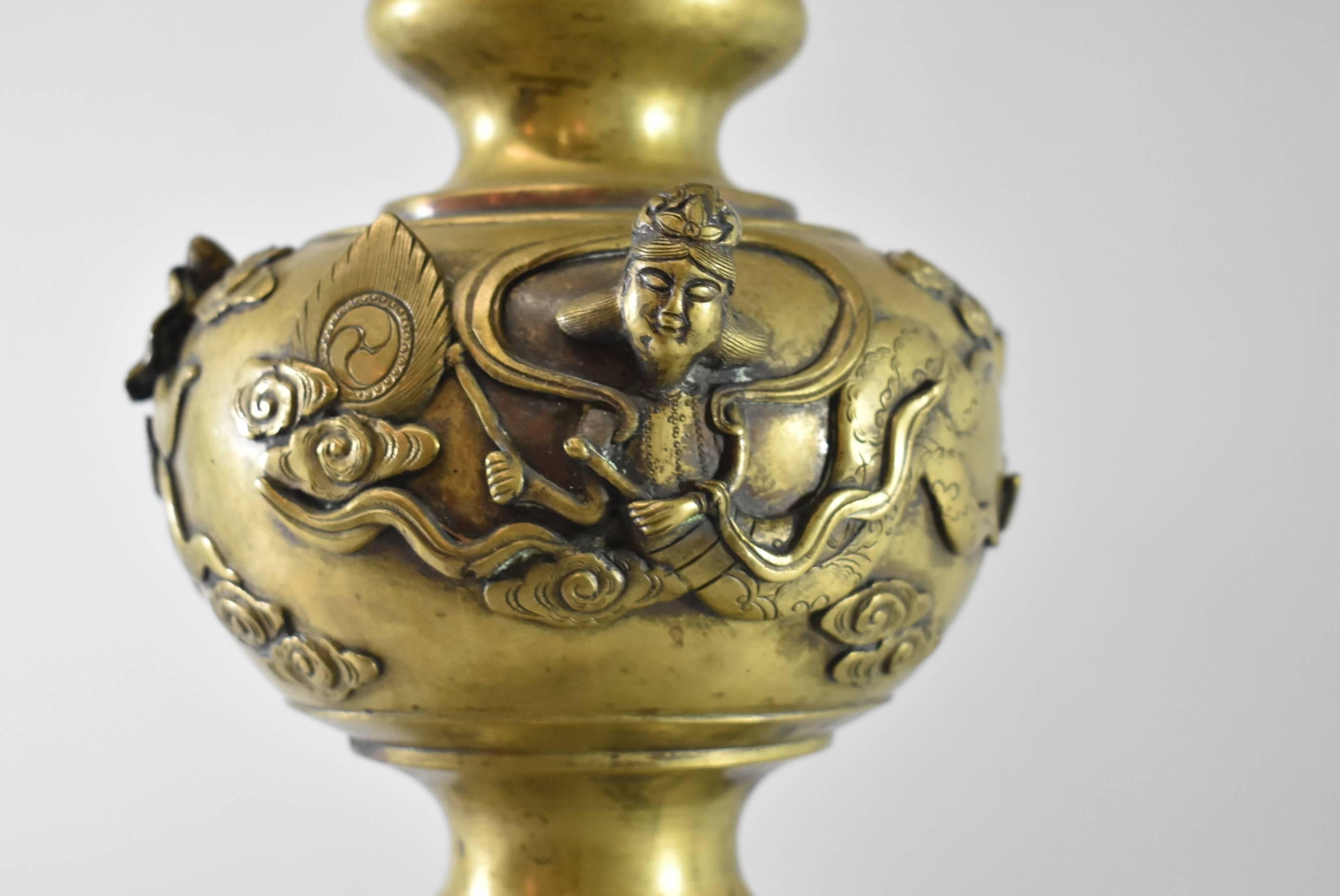 20th Century Large Scale Asian Inspired Brass Lamp with Cranes, Dragons and Female Figures For Sale