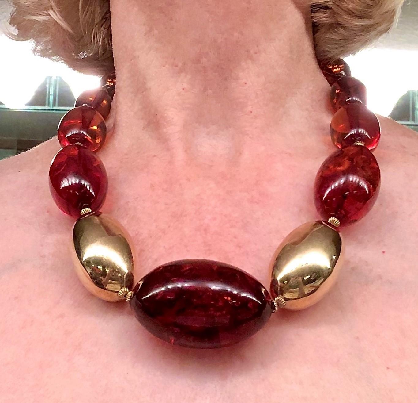 Large Scale Baltic Amber and Gold Bead Necklace For Sale 5
