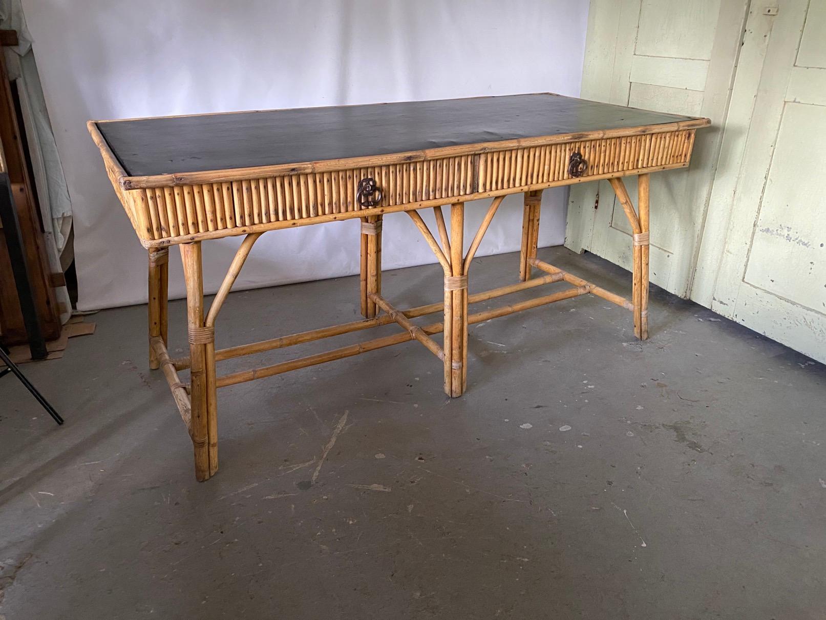 Large Scale Bamboo Desk with Black Leather Top For Sale 1