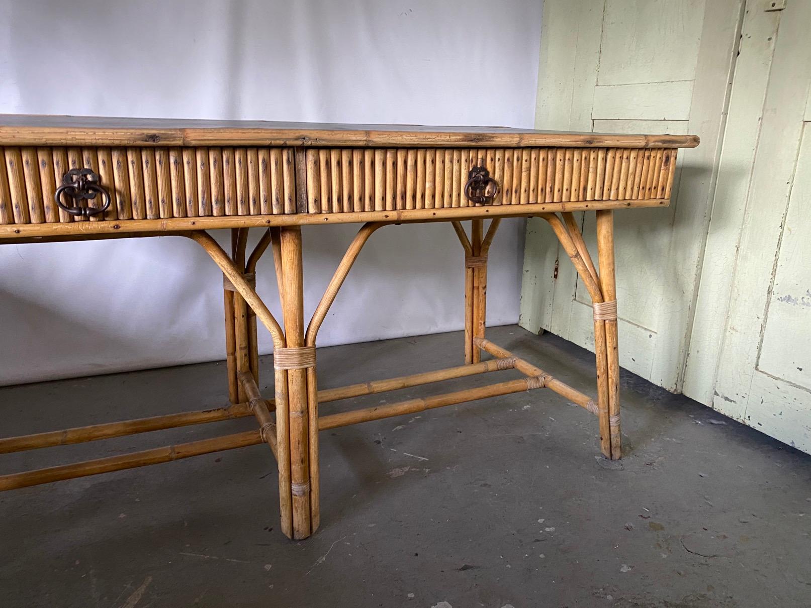 Large Scale Bamboo Desk with Black Leather Top For Sale 2