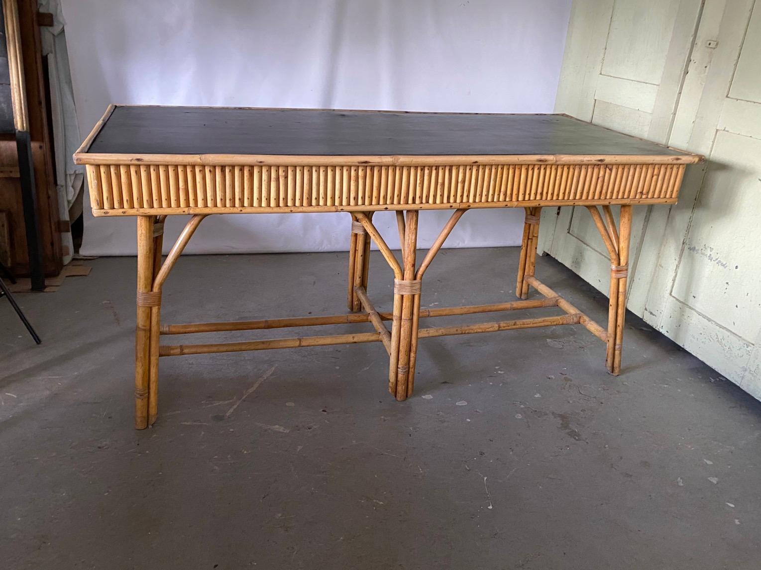 Large Scale Bamboo Desk with Black Leather Top In Good Condition For Sale In Sheffield, MA