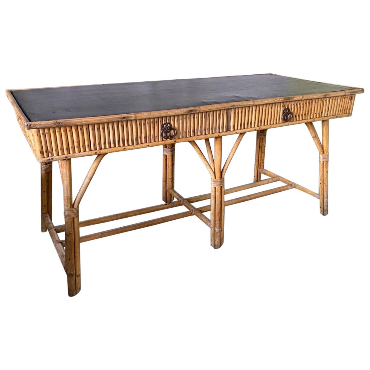 Large Scale Bamboo Desk with Black Leather Top For Sale