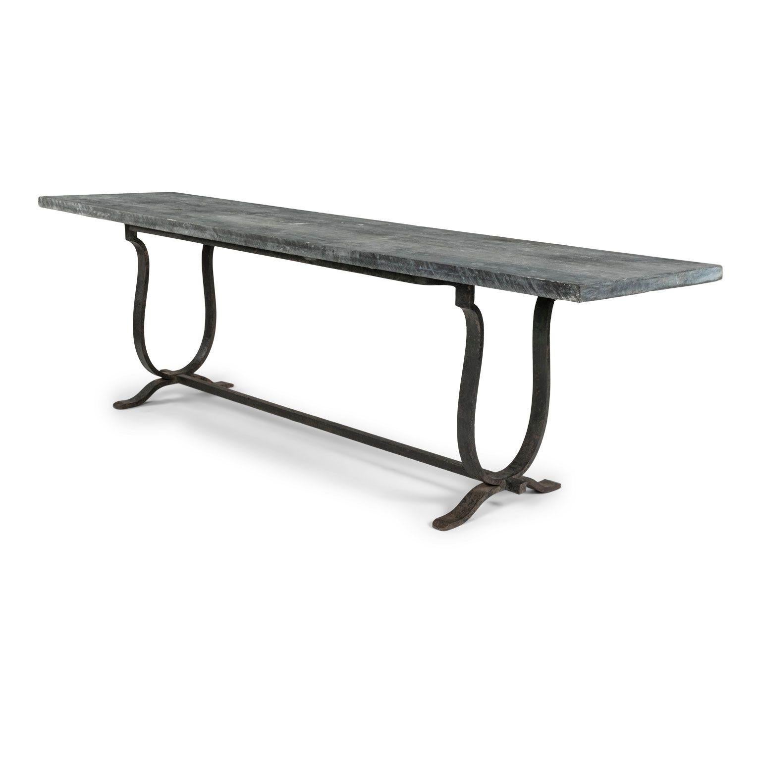 Hand-Carved Large-Scale Belgian Bluestone Top Iron Console Table