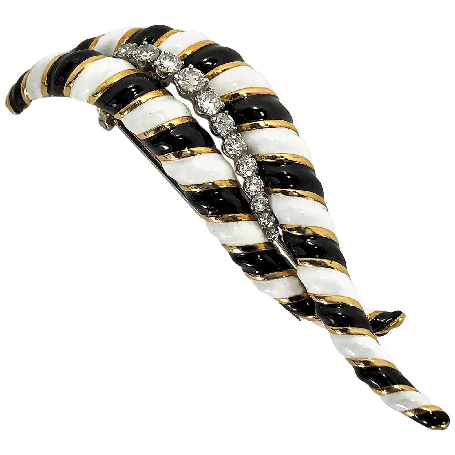 Large Scale Black and White Enamel Striped Gold Brooch with Diamonds
