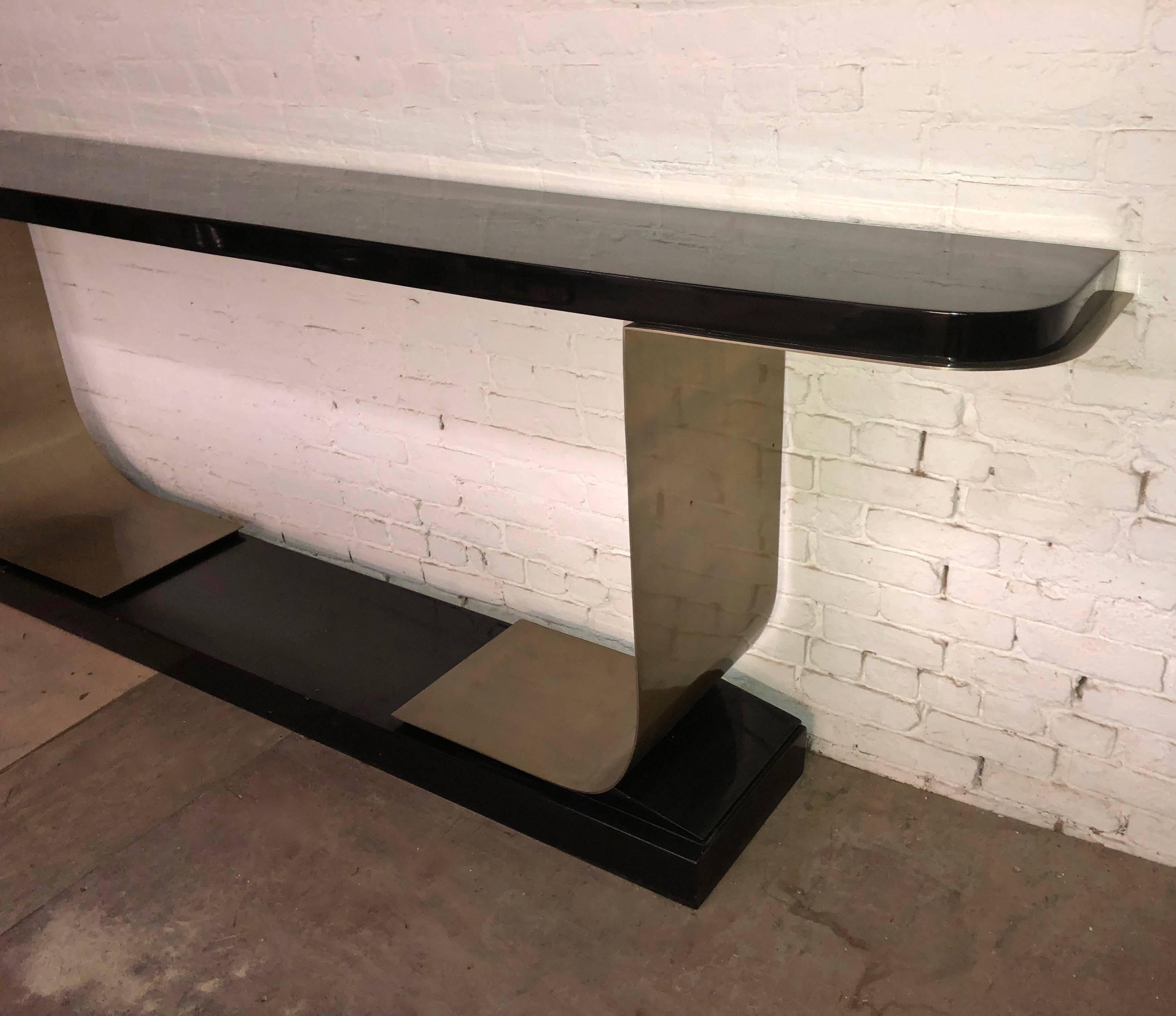 Late 20th Century Large Scale Black Lacquered Wood & Brushed Steel Console, USA, 1980s