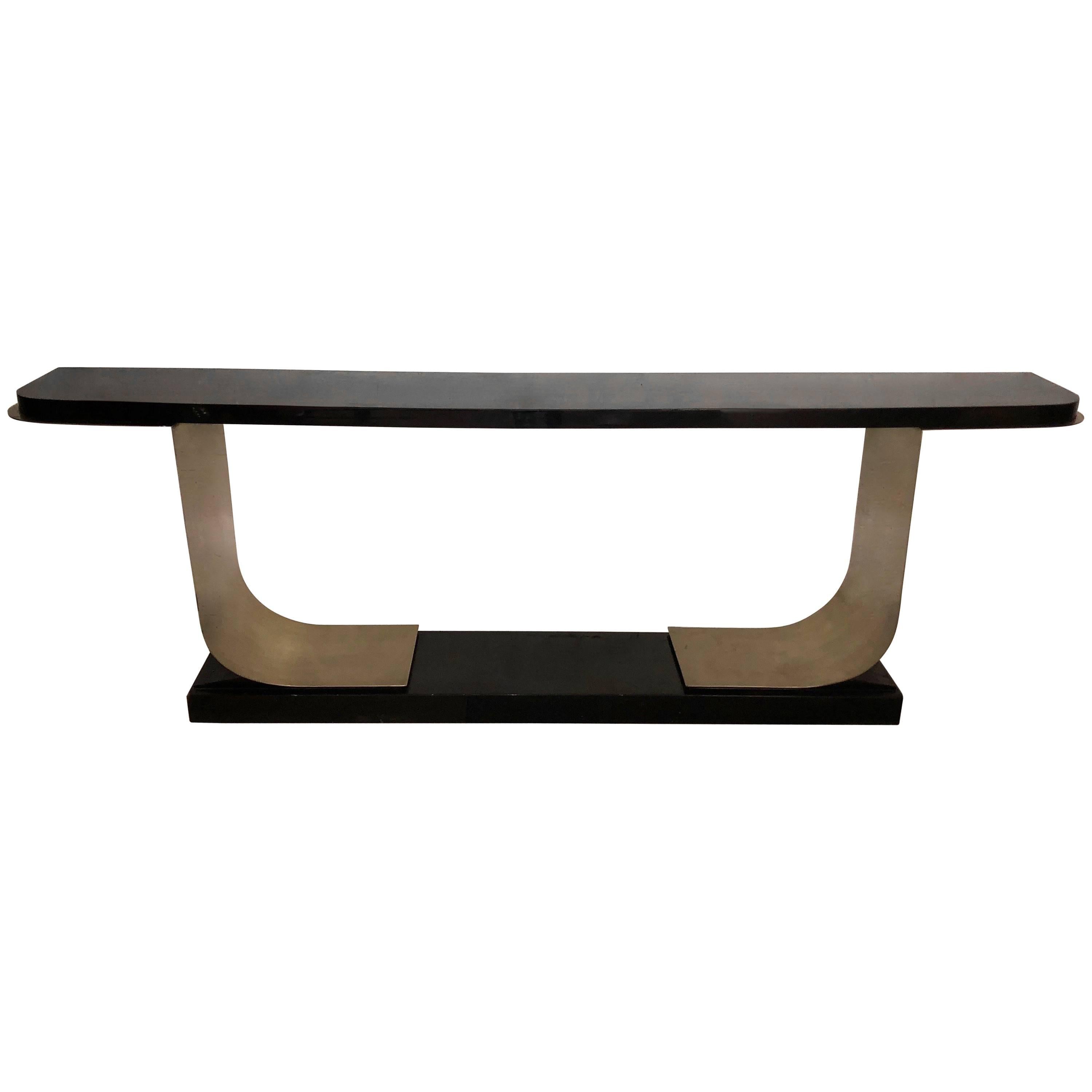 Large Scale Black Lacquered Wood & Brushed Steel Console, USA, 1980s