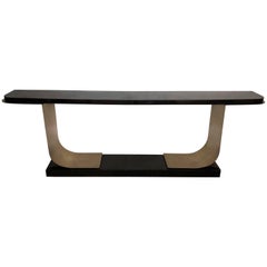 Large Scale Black Lacquered Wood & Brushed Steel Console, USA, 1980s