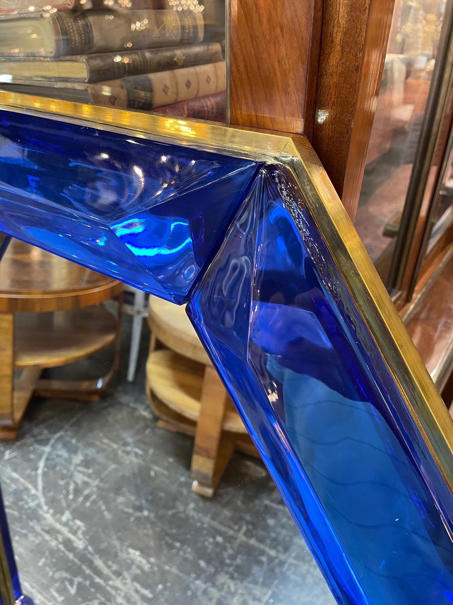 Italian Large Scale Blue Murano Glass and Brass Mirror