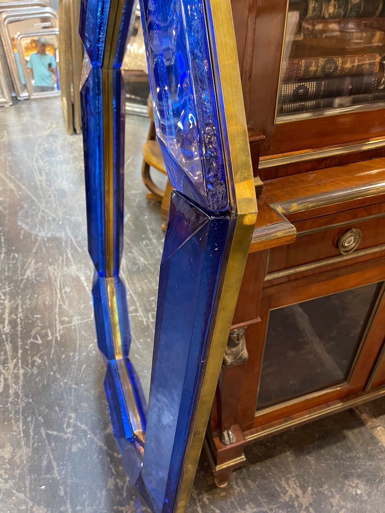 Large Scale Blue Murano Glass and Brass Mirror In Good Condition In Dallas, TX