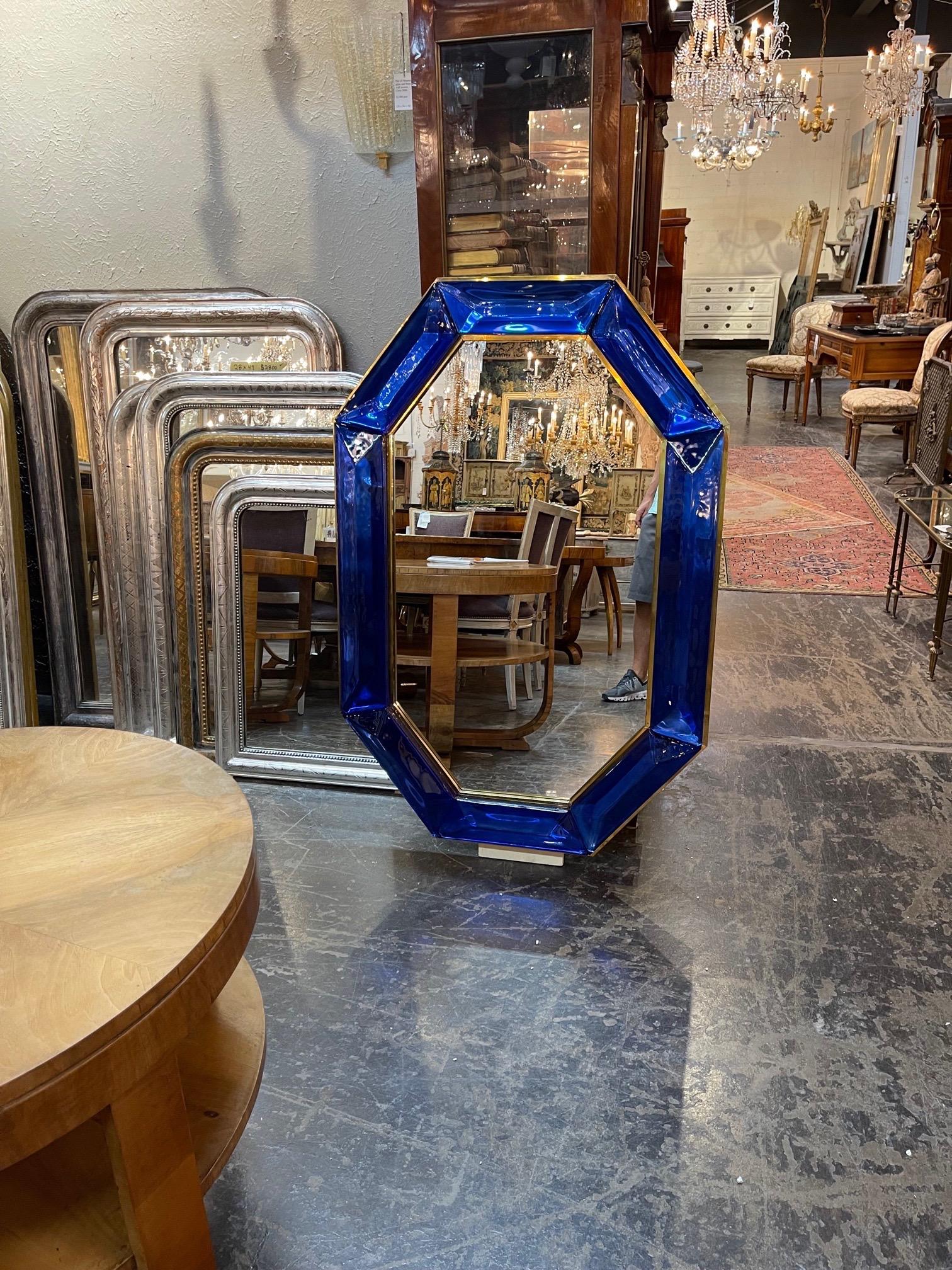 Large Scale Blue Murano Glass and Brass Mirror 1
