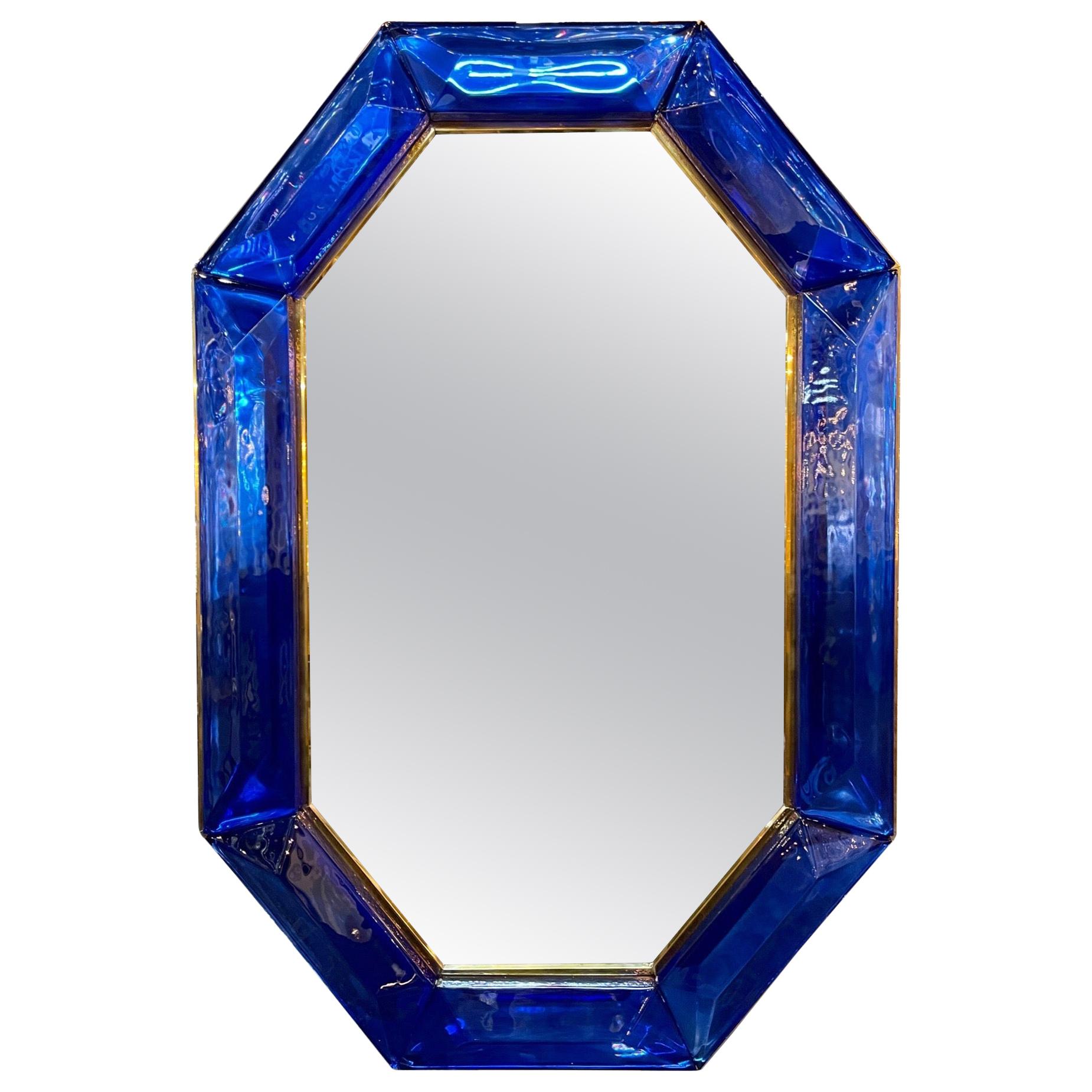 Large Scale Blue Murano Glass and Brass Mirror