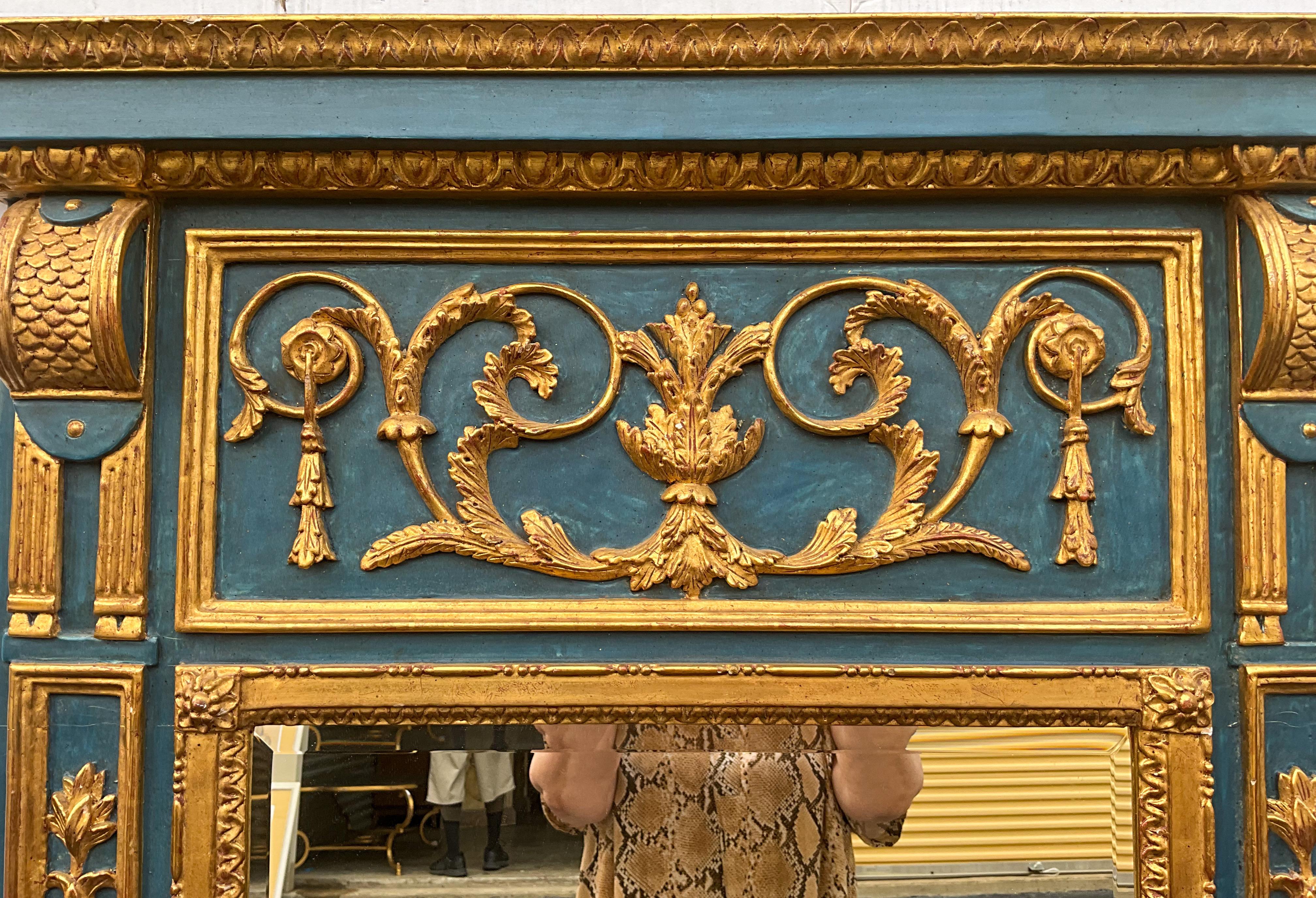 20th Century Large Scale Blue Painted Italian Carved Giltwood Neo-Classical Style Wall Mirror For Sale