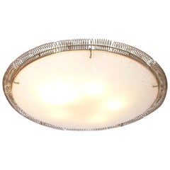 Large Scale Brass and Frosted Glass Flush Mount Lighting Fixture