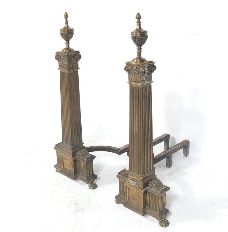 Pair of large scale classical andirons, designed by Dorothy Draper for The Greenbrier Hotel, American, circa 1947. They stand an impressive 41