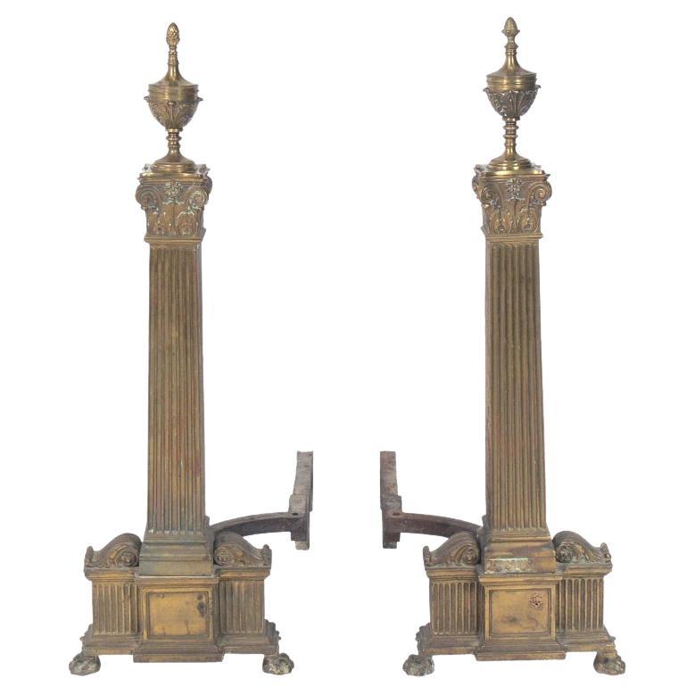 Large Scale Brass Andirons by Dorothy Draper for the Greenbrier Hotel