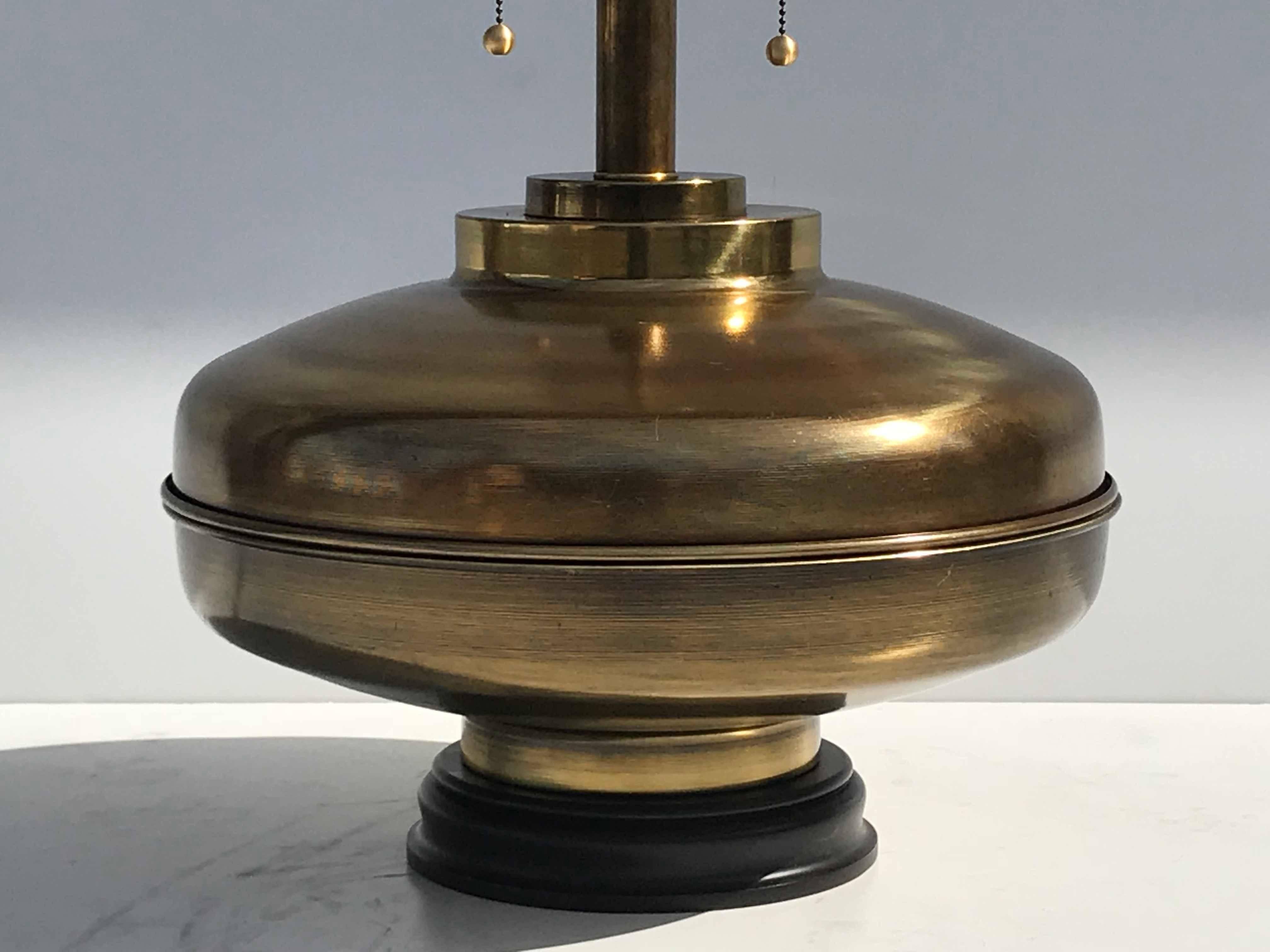 Pair of large-scale brass lamp in antique bronze finish. Lamp shade is damaged and not included. Total height including shade is 37