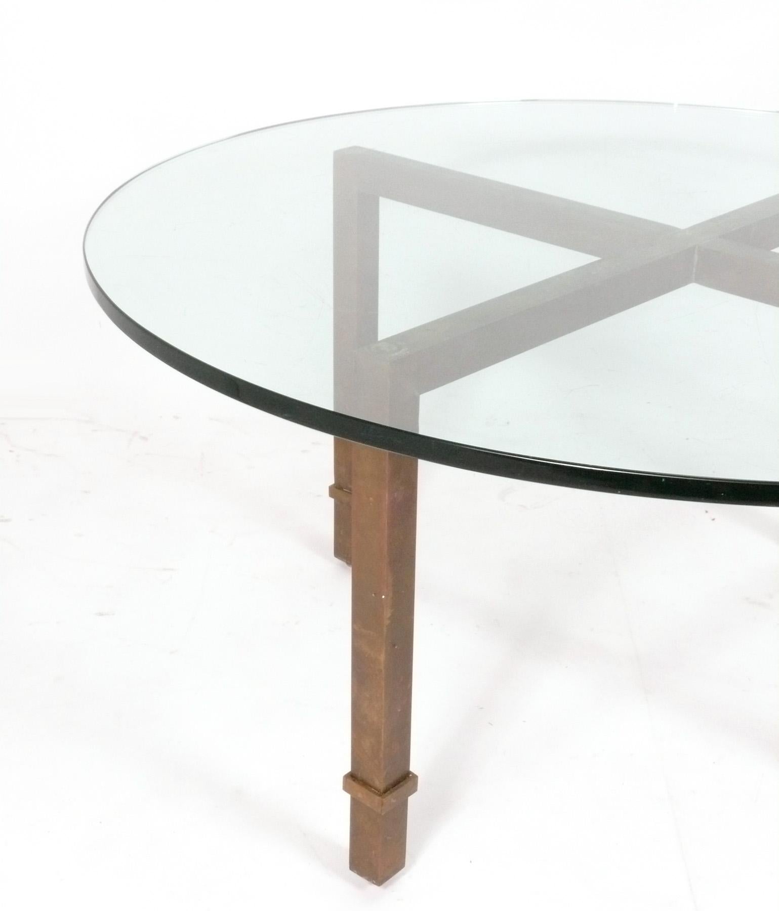 American Large Scale Brass Mastercraft Coffee Table with Thick Original Glass For Sale