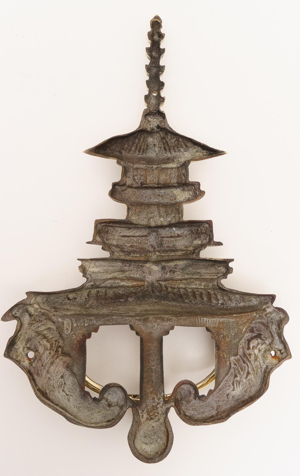 Large Scale Brass Pagoda Form Door Knocker In Good Condition In West Palm Beach, FL