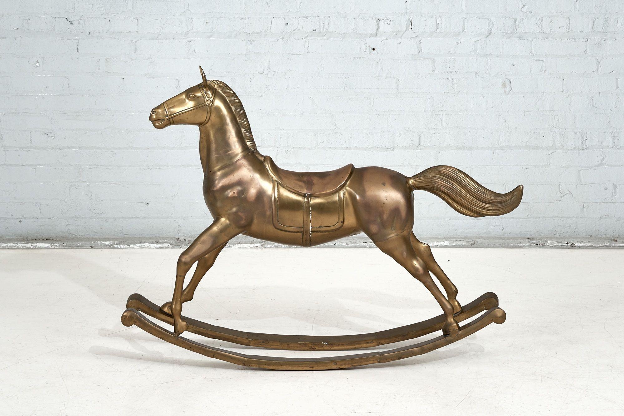 Large scale brass rocking horse, 1960. Brass has beautiful patina.