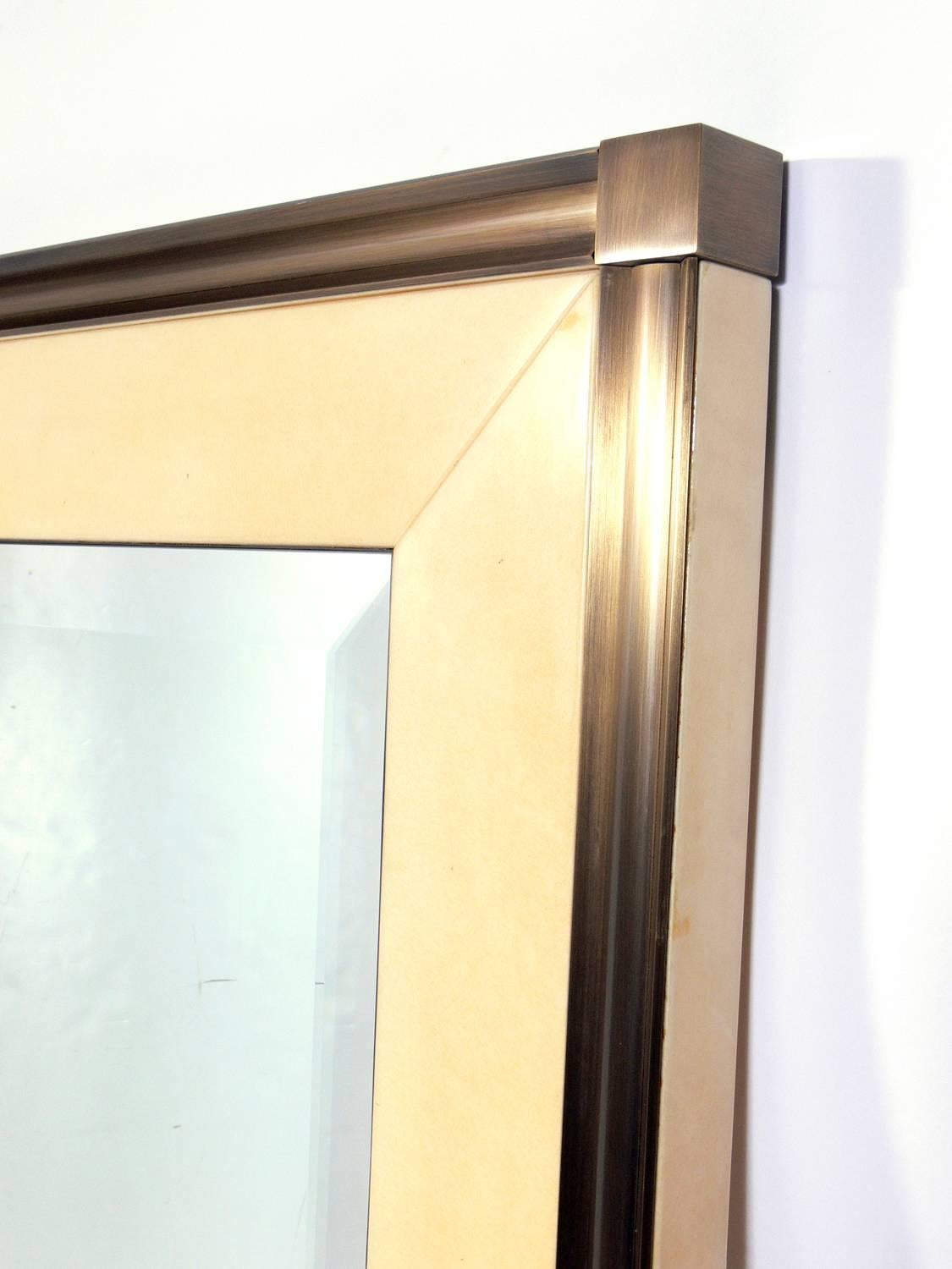 Large Scale Brushed Bronze and Lacquered Goatskin Mirror In Good Condition In Atlanta, GA