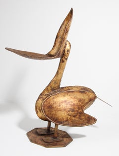 Large Scale Brutalist Gilt Metal Pelican Sculpture Ashtray Stand