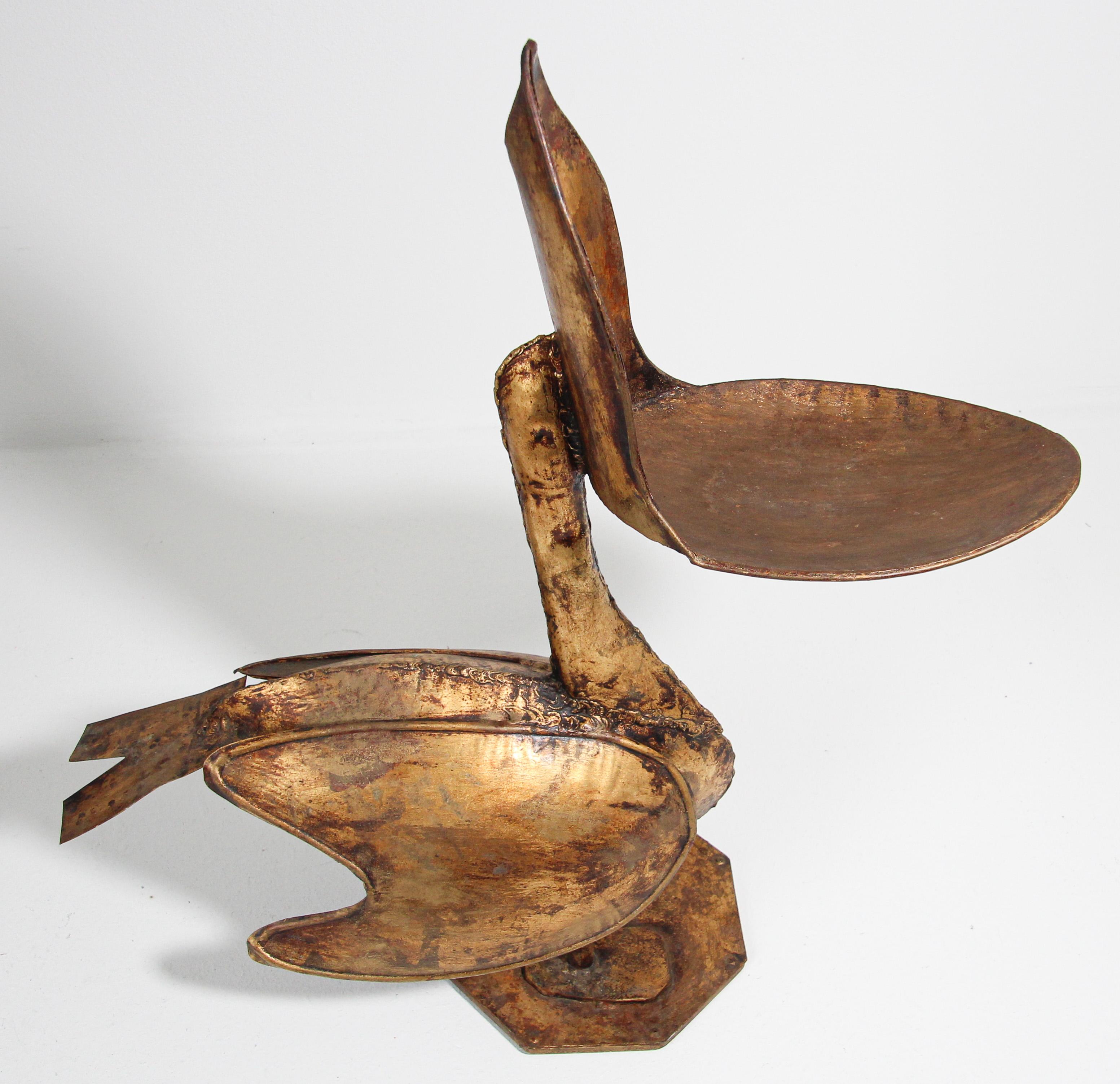 Burnished Large Scale Brutalist Gilt Metal Pelican Sculpture Ashtray Stand For Sale