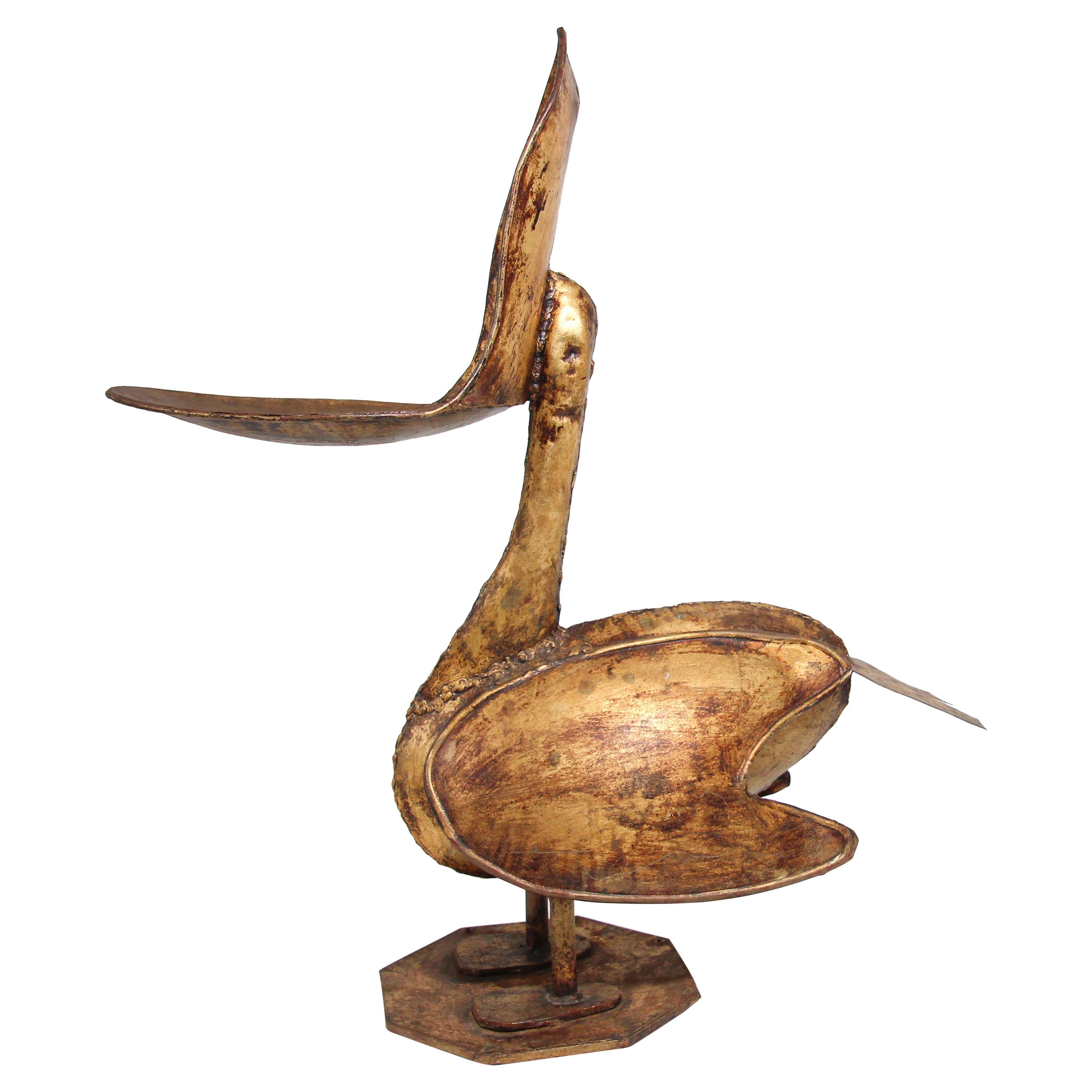 Large Scale Brutalist Gilt Metal Pelican Sculpture Ashtray Stand For Sale