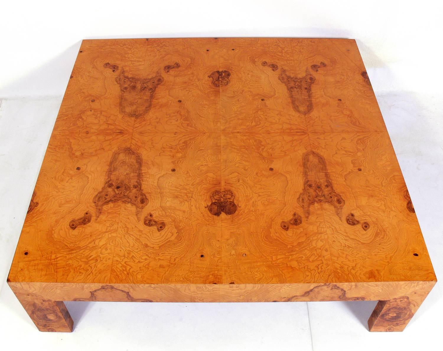 Large-scale burl wood coffee table, designed by Milo Baughman for Thayer Coggin, American, circa 1960s. This large-scale table was made for entertaining and the burled wood graining is beautiful.
