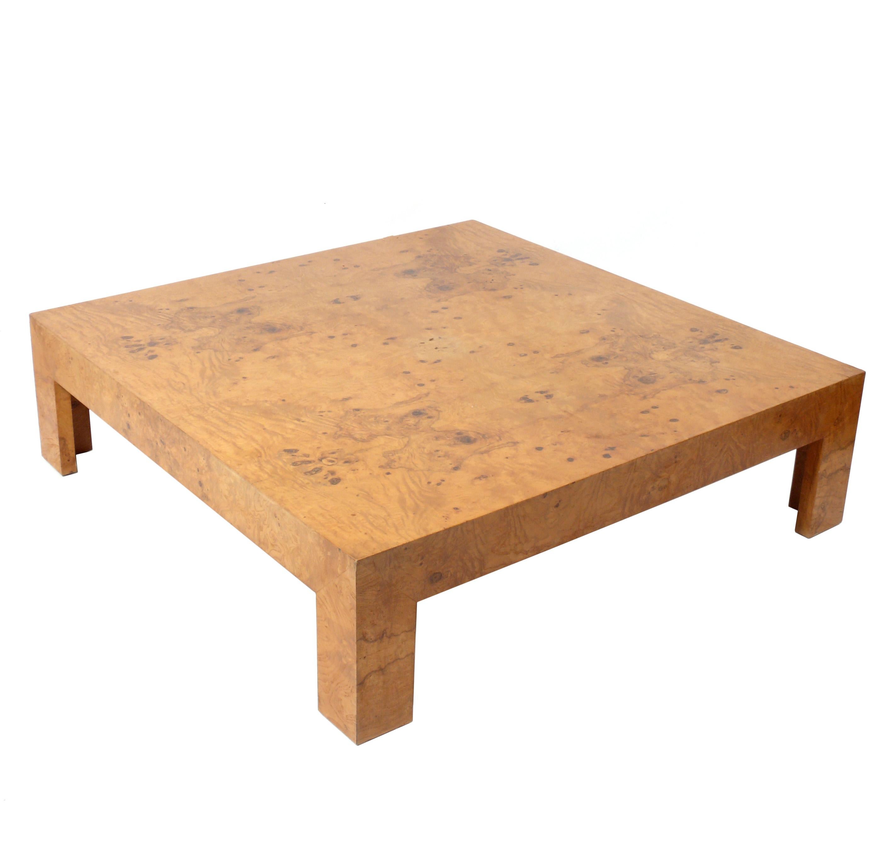 Large scale burl wood coffee table, designed by Milo Baughman for Thayer Coggin, American, circa 1960s. This large-scale table was made for entertaining and the burled wood graining is beautiful. It measures an impressive 54