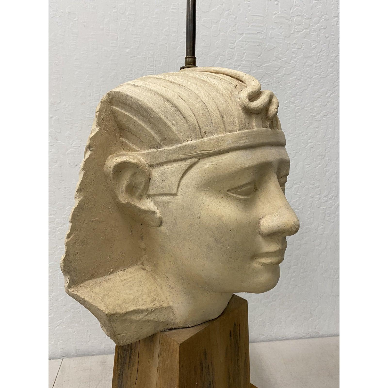 Large Scale Carved and Molded Clay Egyptian Pharoah Head Table Lamp, circa 1970 In Good Condition For Sale In San Francisco, CA