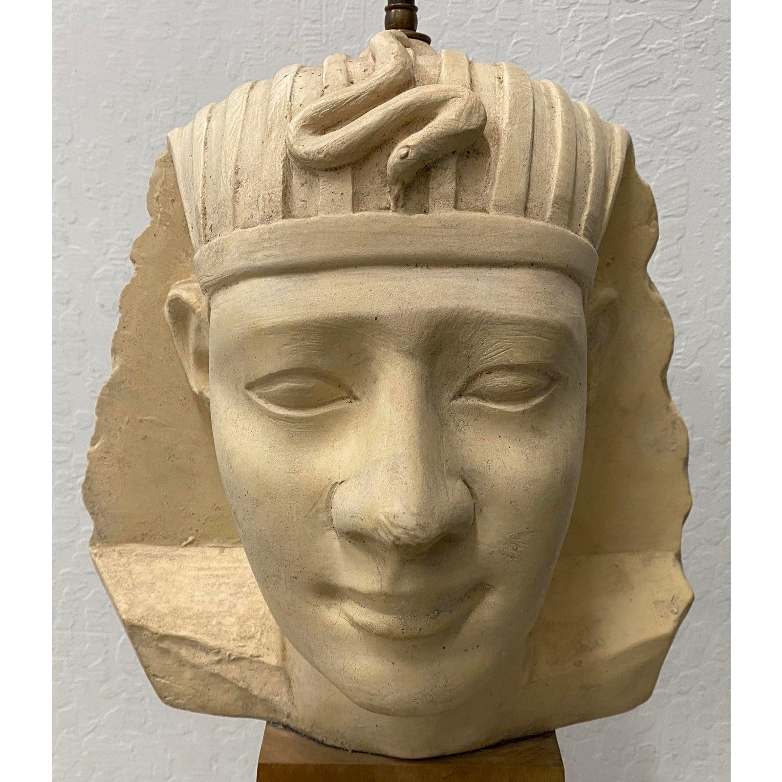 20th Century Large Scale Carved and Molded Clay Egyptian Pharoah Head Table Lamp, circa 1970 For Sale