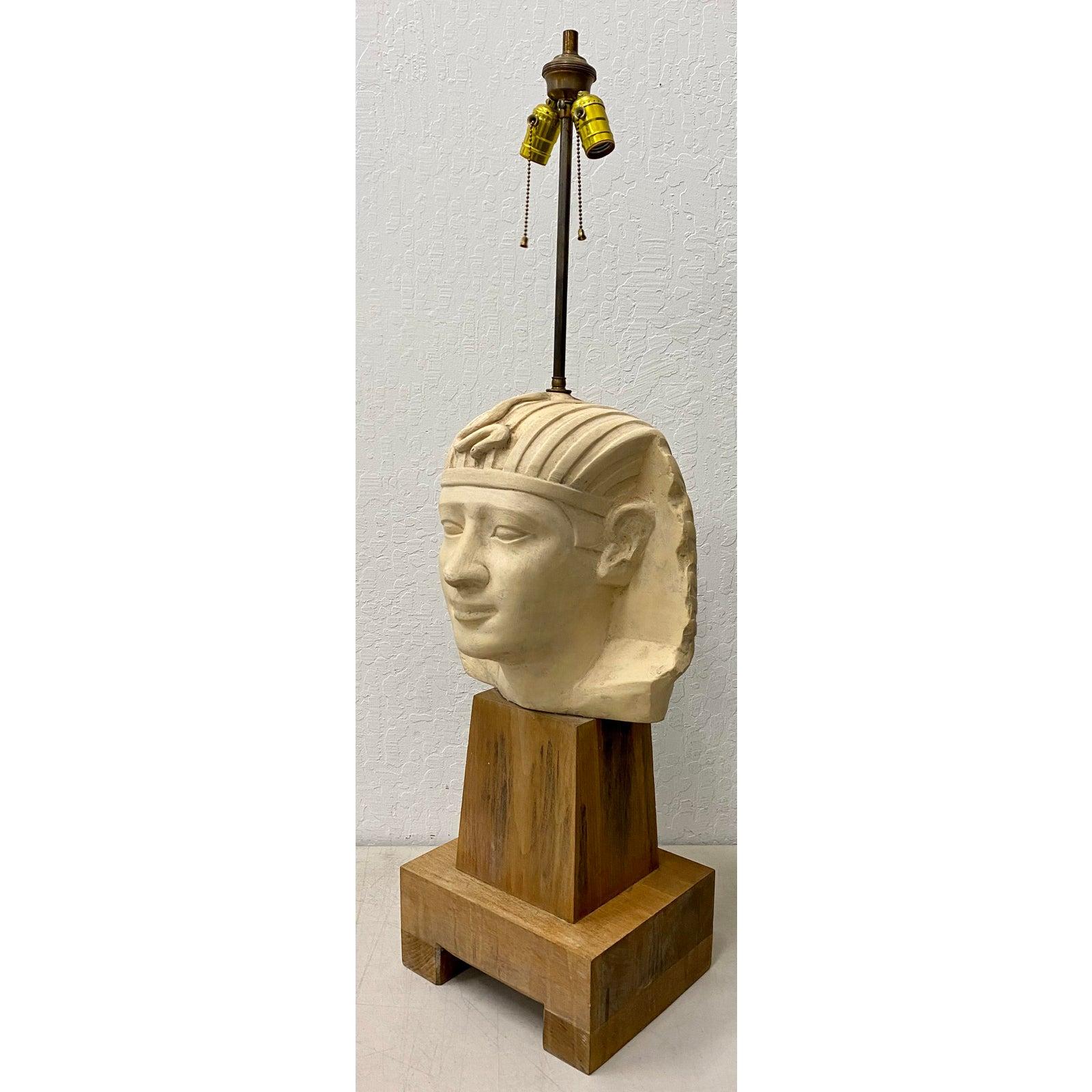 Large Scale Carved and Molded Clay Egyptian Pharoah Head Table Lamp, circa 1970 For Sale 1