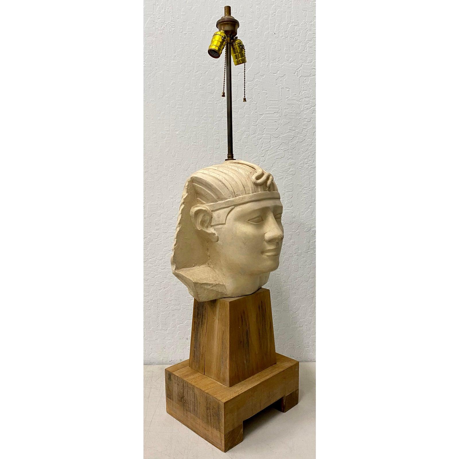 Large Scale Carved and Molded Clay Egyptian Pharoah Head Table Lamp, circa 1970 For Sale 3