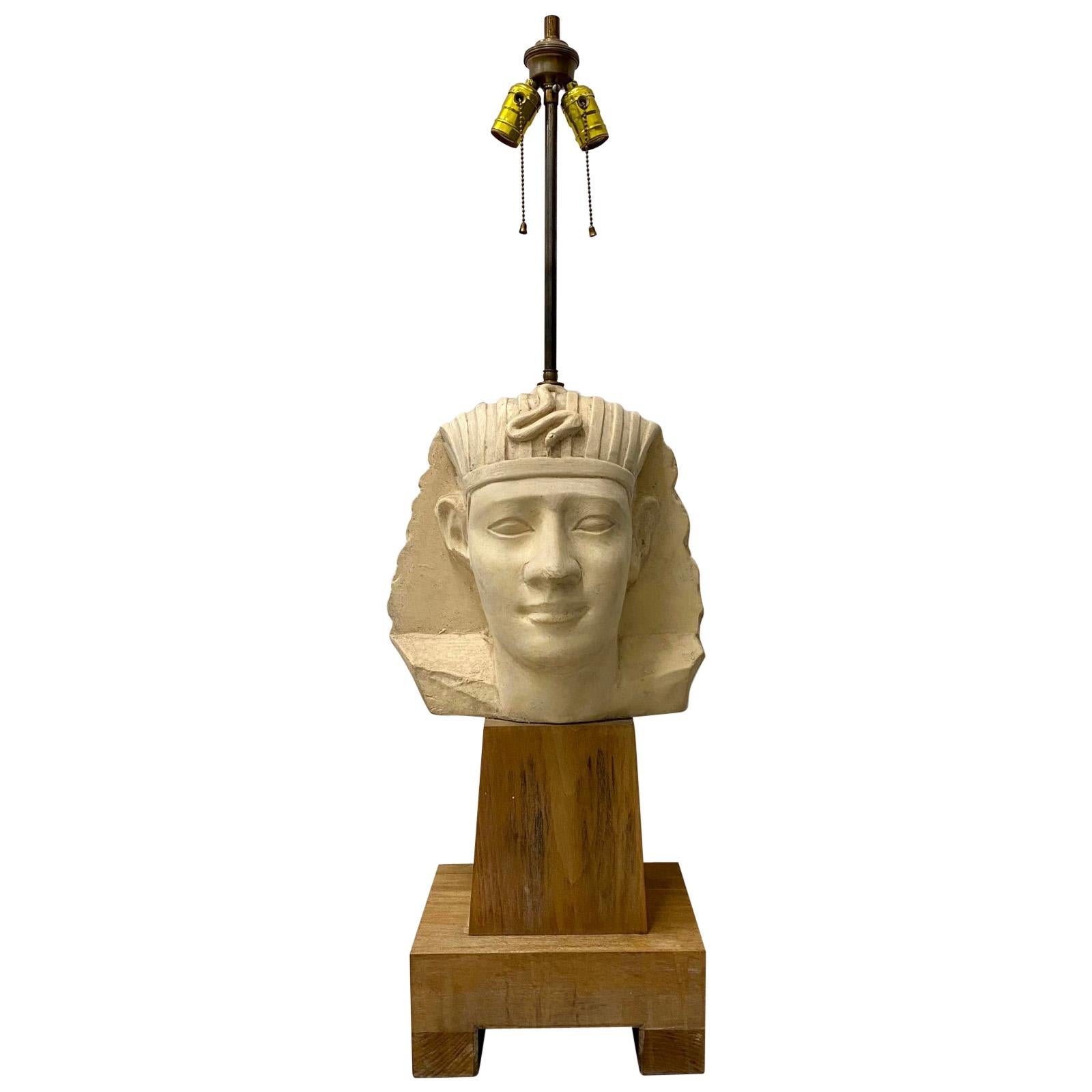Large Scale Carved and Molded Clay Egyptian Pharoah Head Table Lamp, circa 1970 For Sale