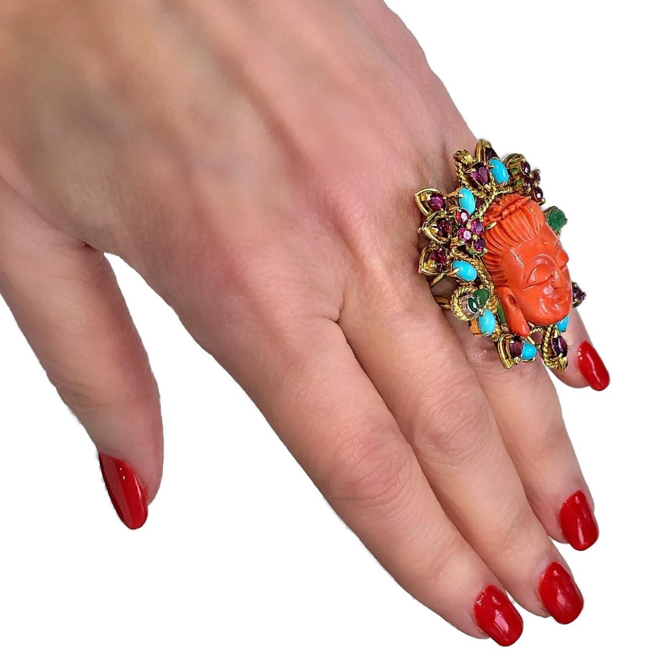 Large Scale Carved Coral Buddah Ring with Pink Sapphires Turquoise and Emeralds 4