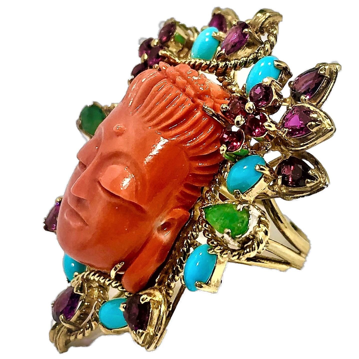 Modern Large Scale Carved Coral Buddah Ring with Pink Sapphires Turquoise and Emeralds