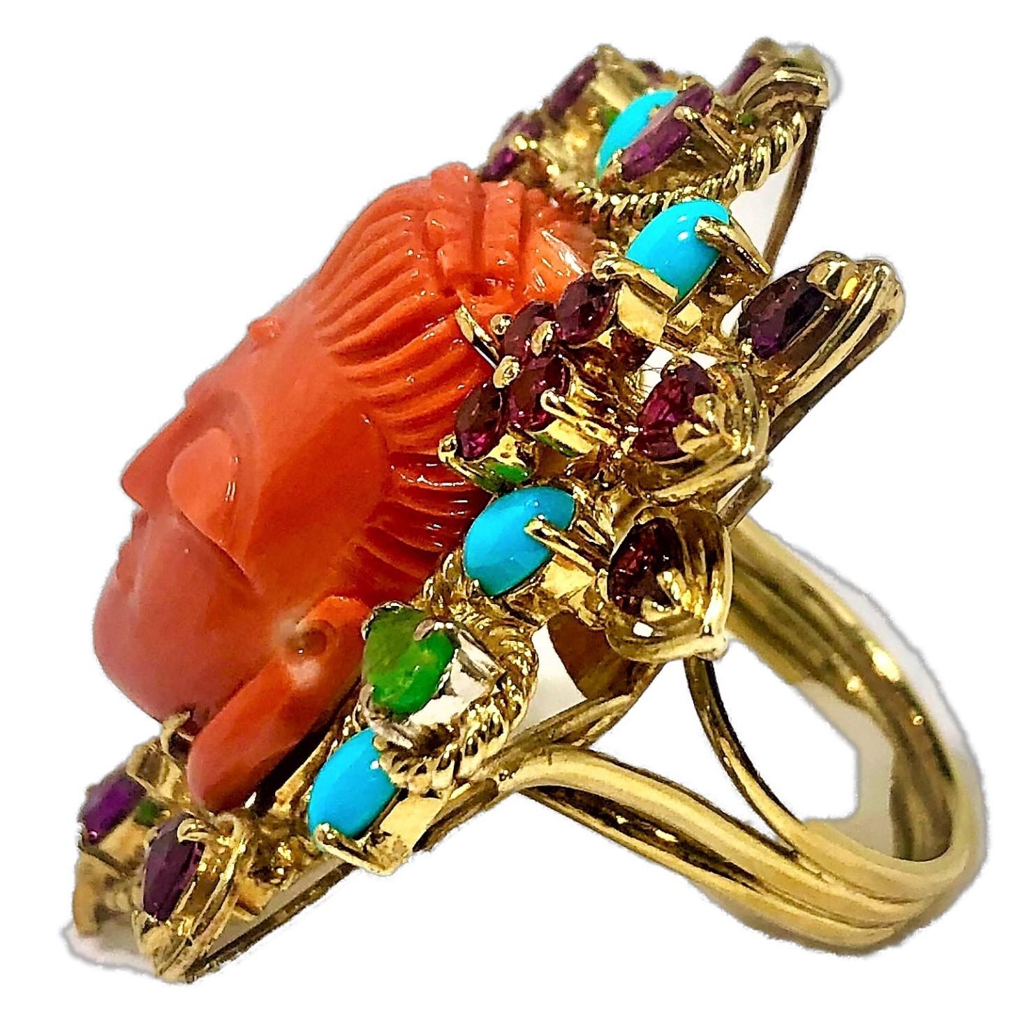 Brilliant Cut Large Scale Carved Coral Buddah Ring with Pink Sapphires Turquoise and Emeralds