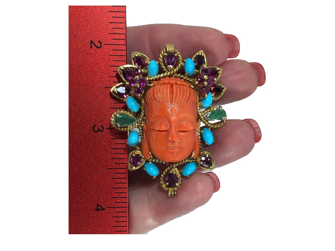 Women's Large Scale Carved Coral Buddah Ring with Pink Sapphires Turquoise and Emeralds