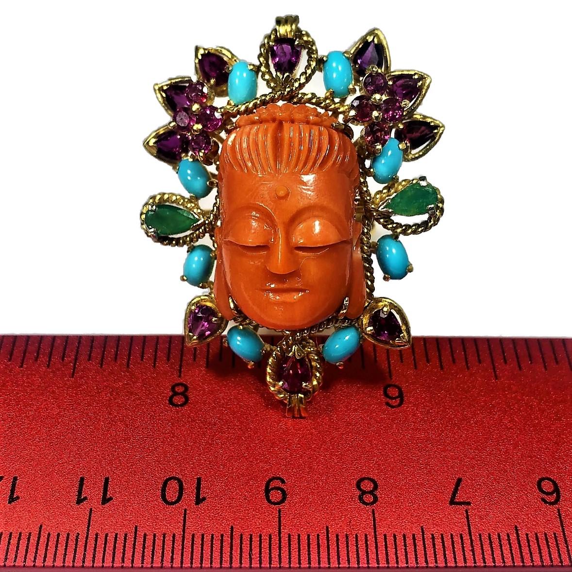 Large Scale Carved Coral Buddah Ring with Pink Sapphires Turquoise and Emeralds 1