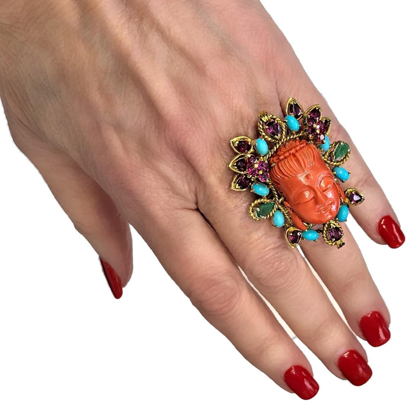 Large Scale Carved Coral Buddah Ring with Pink Sapphires Turquoise and Emeralds 2